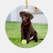Schokolade-Labrador-Welpe mit Tennisball Keramik Ornament (Vorne)
