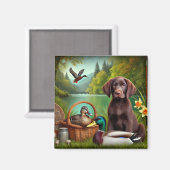Schokolade Labrador Welppy am See mit Enten Magnet (Vorderseite/Rückseite)