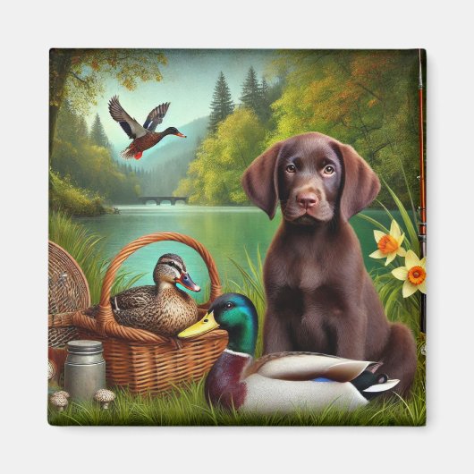 Schokolade Labrador Welppy am See mit Enten Magnet (Vorne)