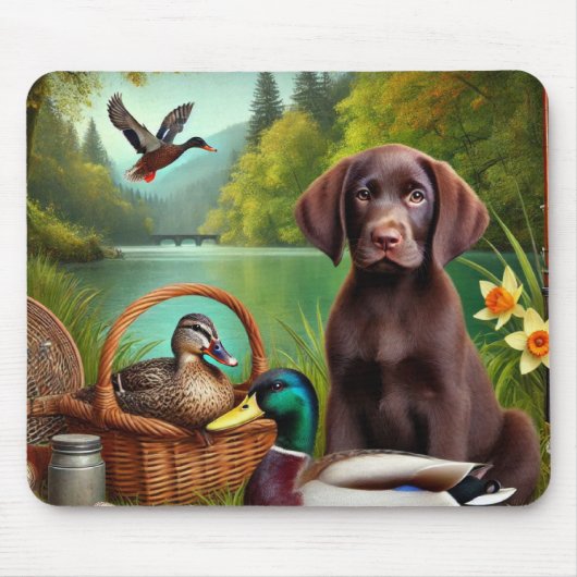 Schokolade Labrador Welppy am See mit Enten Mousepad (Vorne)