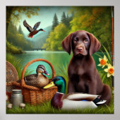 Schokolade Labrador Welppy am See mit Enten Poster (Vorne)