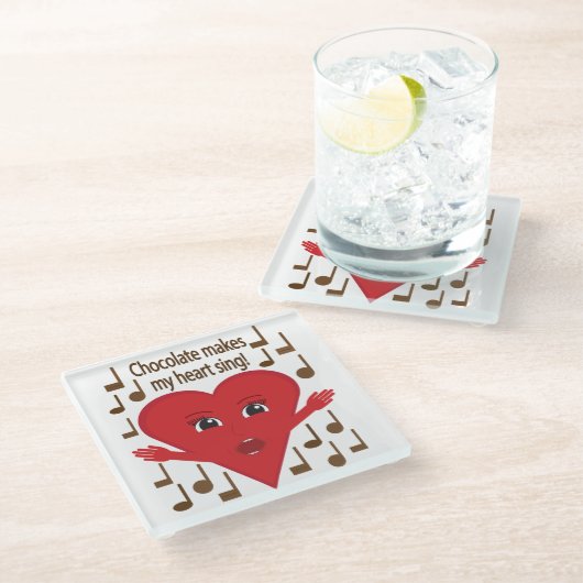 "Schokolade macht mein Herz singen!" Gesangsherz Glasuntersetzer (Schrägansicht)