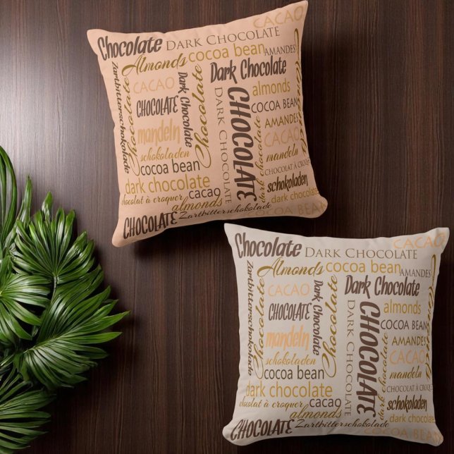 Schokolade, Mandeln und dunkle Schokolade Kissen (Pillow front and back word cloud different color backgrounds)