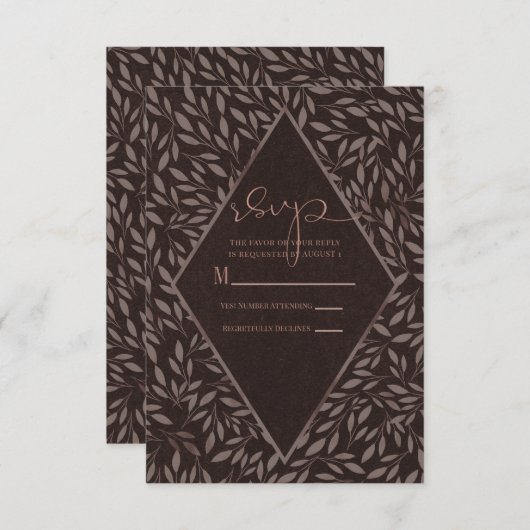Schokolade Mauve Pink Blätter Botanische Hochzeit RSVP Karte (Vorne/Hinten)