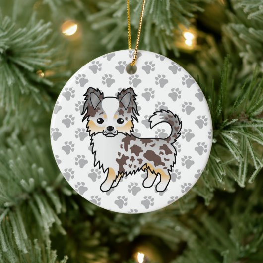 Schokolade, Merle Long Coat Chihuahua Dog & Paws Keramik Ornament (Baum)