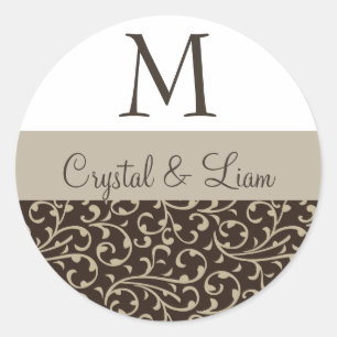 SCHOKOLADE & MOCCA Damast Hochzeitsmonogramm Runder Aufkleber