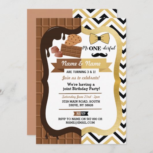 Schokolade & Mr. One derful First Birthday Joint Einladung (Vorne/Hinten)