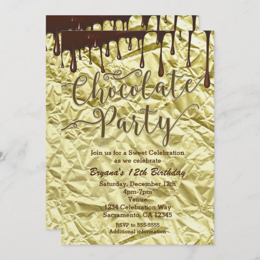 Schokolade Party Gold Imitats Foil Wrapper Einladu Einladung (Vorne/Hinten)