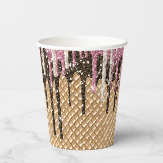 Schokolade Rosa Eiscreme Glitzer Tropfen Pappbecher (Rückseite)
