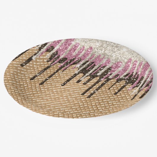 Schokolade Rosa Eiscreme Glitzer Tropfen Pappteller (Schrägansicht)