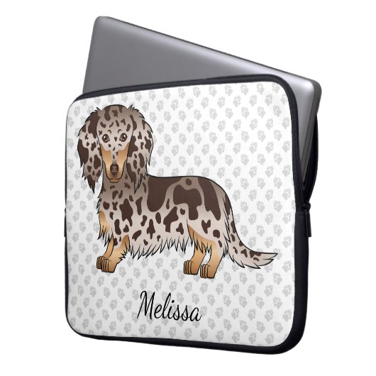 Schokolade & Tan Dapple Long Hair Dackel & Name Laptopschutzhülle (Vorderseite Links)
