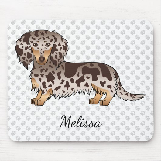 Schokolade & Tan Dapple Long Hair Dackel & Name Mousepad (Vorne)