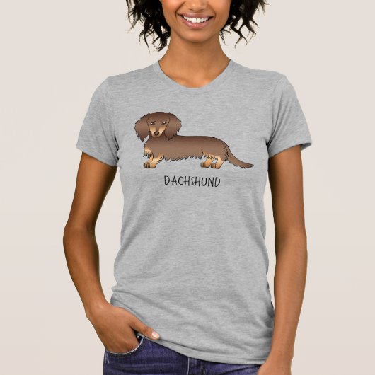 Schokolade & Tan Lange Haare Dackel Hund & Text T-Shirt (Vorderseite)