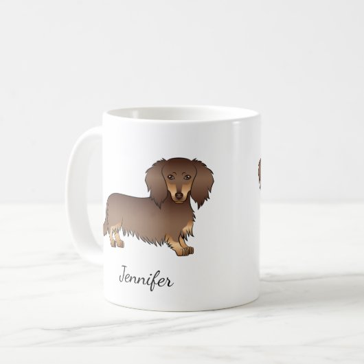 Schokolade & Tan Long Hair Dackel Hund & Name Kaffeetasse (Vorderseite Links)