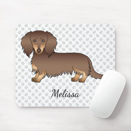 Schokolade & Tan Long Hair Dackel Hund & Name Mousepad (Mit Mouse)