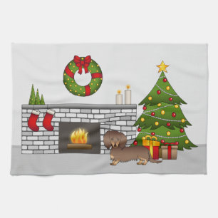 Schokolade & Tan Long Hair Dackel Weihnachtsraum Geschirrtuch