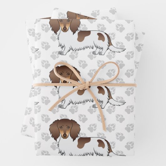 Schokolade & Tan Piebald Long Hair Dackel & Paws Geschenkpapier Set (Beispiel)