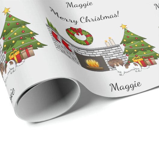Schokolade & Tan Pied Long Hair Dackel Weihnachten Geschenkpapier (Rolleneckpunkt)