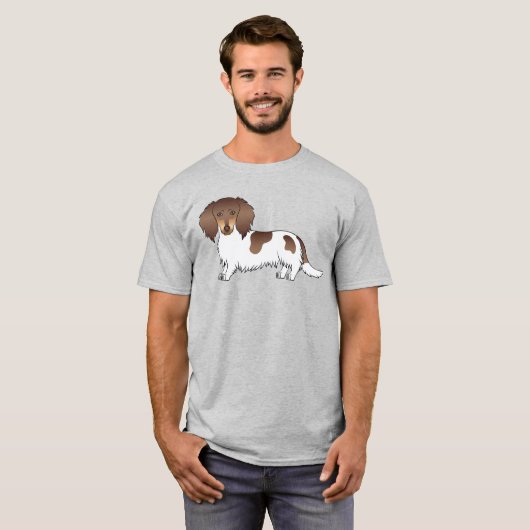 Schokolade und Tan Piebald Lange Haare Dackel Hund T-Shirt (Vorne ganz)