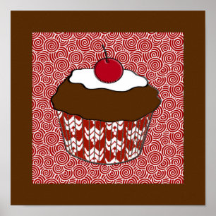 Schokoladen-Cupcake auf rotem und weißem Muster Poster