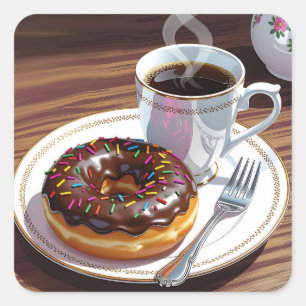 Schokoladen-Glasur-Donut und Kaffee Quadratischer Aufkleber