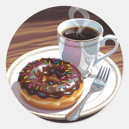 Schokoladen-Glasur-Donut und Kaffee  Runder Aufkleber (Vorderseite)