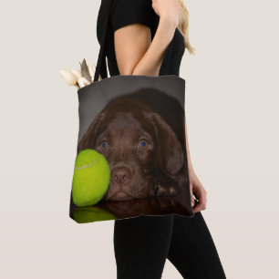 Schokoladen-Labrador-Welpe mit Tennisball Tasche