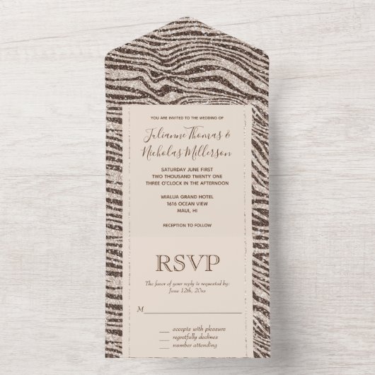 Schokoladenbraun Creme Blush Zebra Glitzer All In One Einladung (Innen Boden)