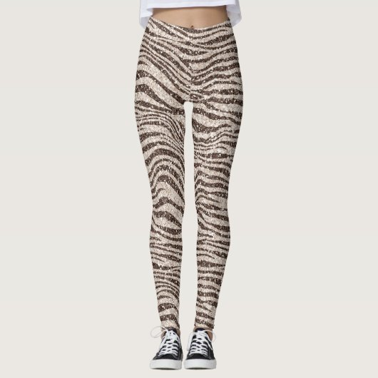 Schokoladenbraun Creme Blush Zebra Glitzer Leggings (Vorderseite)