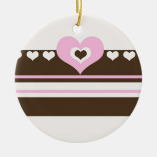 Schokoladenbraun und Rosa Herz Streifen Keramik Ornament