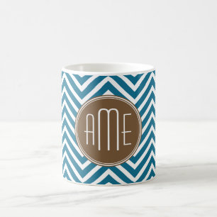 Schokoladenbraun- und Türkis-Chevron-Muster mit Mo Kaffeetasse