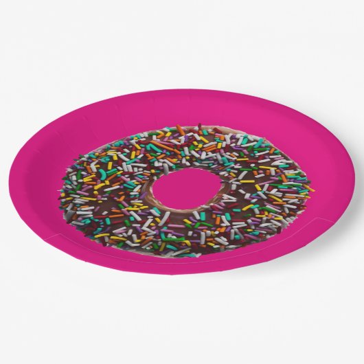 SchokoladenDonut mit bunten Sprinklen Pappteller (Schrägansicht)