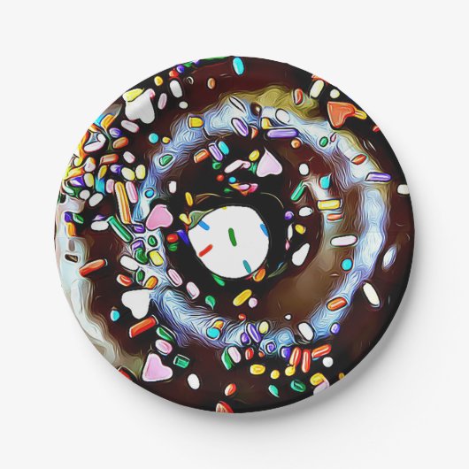 SchokoladenDonut mit Sprinkles, Kuchen, Papierplat Pappteller (Vorderseite)