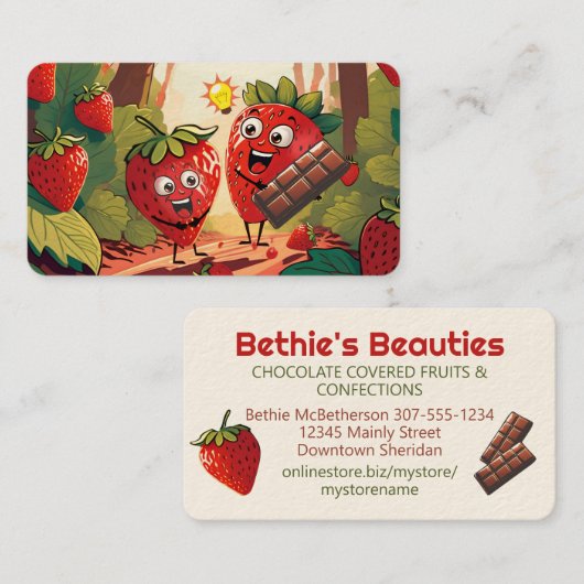 Schokoladengedeckte Erdbeerkonfektionen Visitenkarte (Vorne/Hinten)