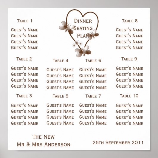 Schokoladenherz und Schmetterlinge Hochzeitssitze Poster (Vorne)