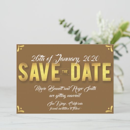 Schokoladenkarte Save the Date mit Goldfolie (Stehend Vorderseite)
