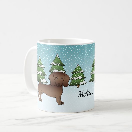 Schokoladenmatte Dackel - Winterwald Kaffeetasse (Vorderseite Links)