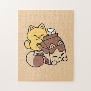 Schokoladenmilch-Trinken im Glück – Kawaii-Katzenf Puzzle
