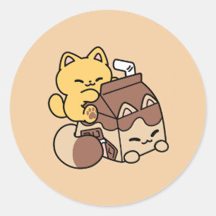 Schokoladenmilch-Trinken im Glück – Kawaii-Katzenf Runder Aufkleber