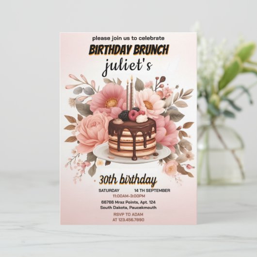Schokoladenpfannkuchen Erwachsener Rosa Brunch 30. Einladung (Stehend Vorderseite)
