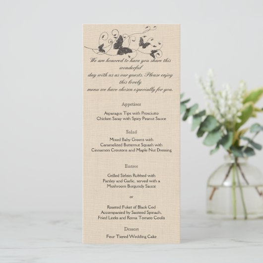 Schokoladenschmetterlinge auf Ecru Wedding Menu Menükarte (Stehend Vorderseite)