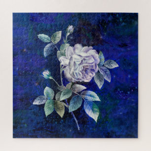 Schön detaillierte Weiße Rose auf blauem Grund Puzzle