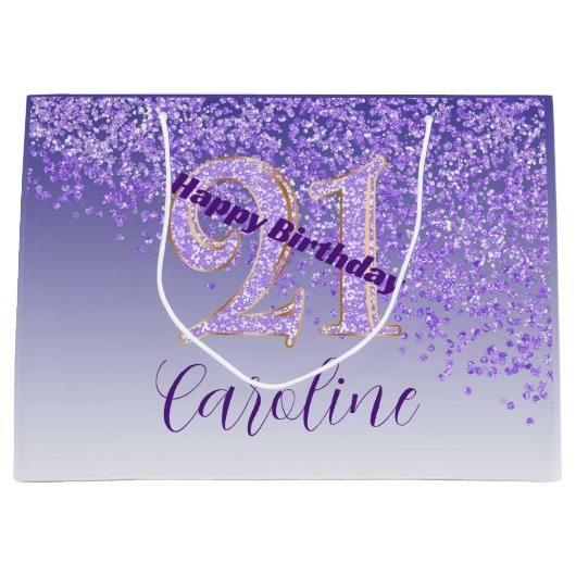 Schön fallender lila Glitter 21. Geburtstag Große Geschenktüte (Vorderseite)