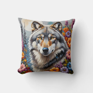 Schön grauer Wolf und Blume Kissen