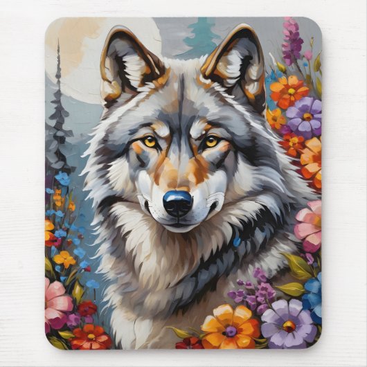 Schön grauer Wolf und Blume Mousepad (Vorne)