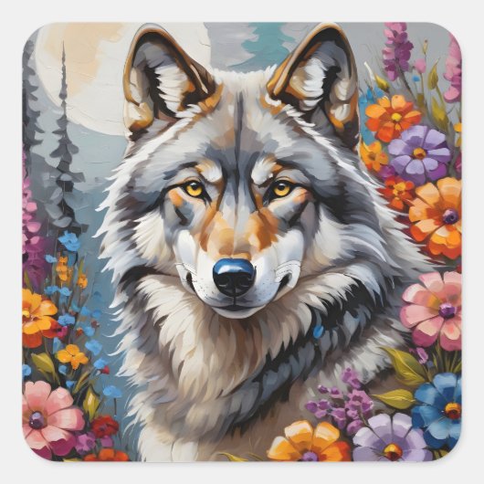Schön grauer Wolf und Blume Quadratischer Aufkleber (Vorderseite)