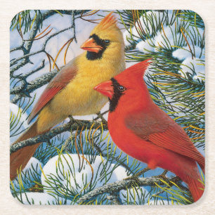 Schön schöne rote Kardinal und Schneeflocken Rechteckiger Pappuntersetzer