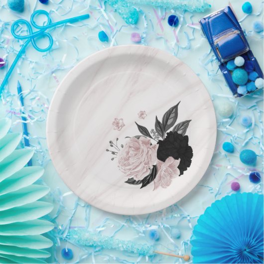 Schön schwarz-rosa Blume aus Marmor Pappteller (Party)