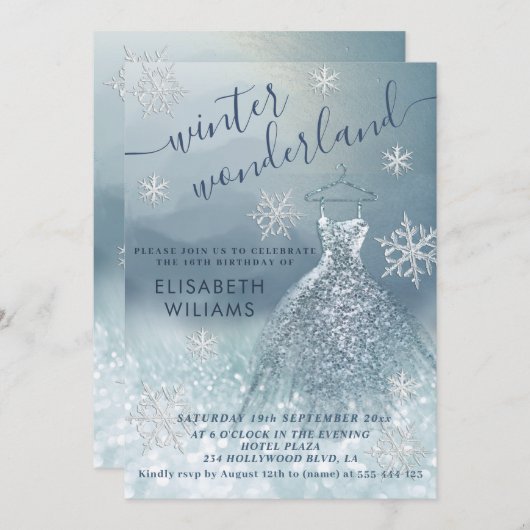 Schön Winter Wunderland Glitzer Blau Süß 16 Einladung (Vorne/Hinten)