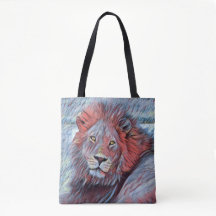 Schöne African Lion Watercolor in Red and Blue